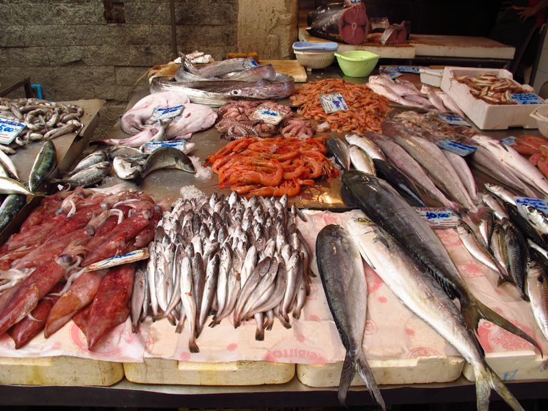 A display of local fish at the Ortigia Market in Siracusa, Sicily